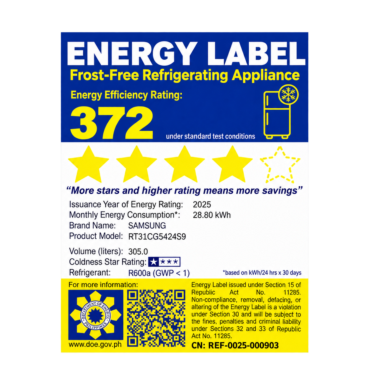 SAMSUNG 10.8 CU.FT. TOP MOUNTED FREEZER REFRIGERATOR